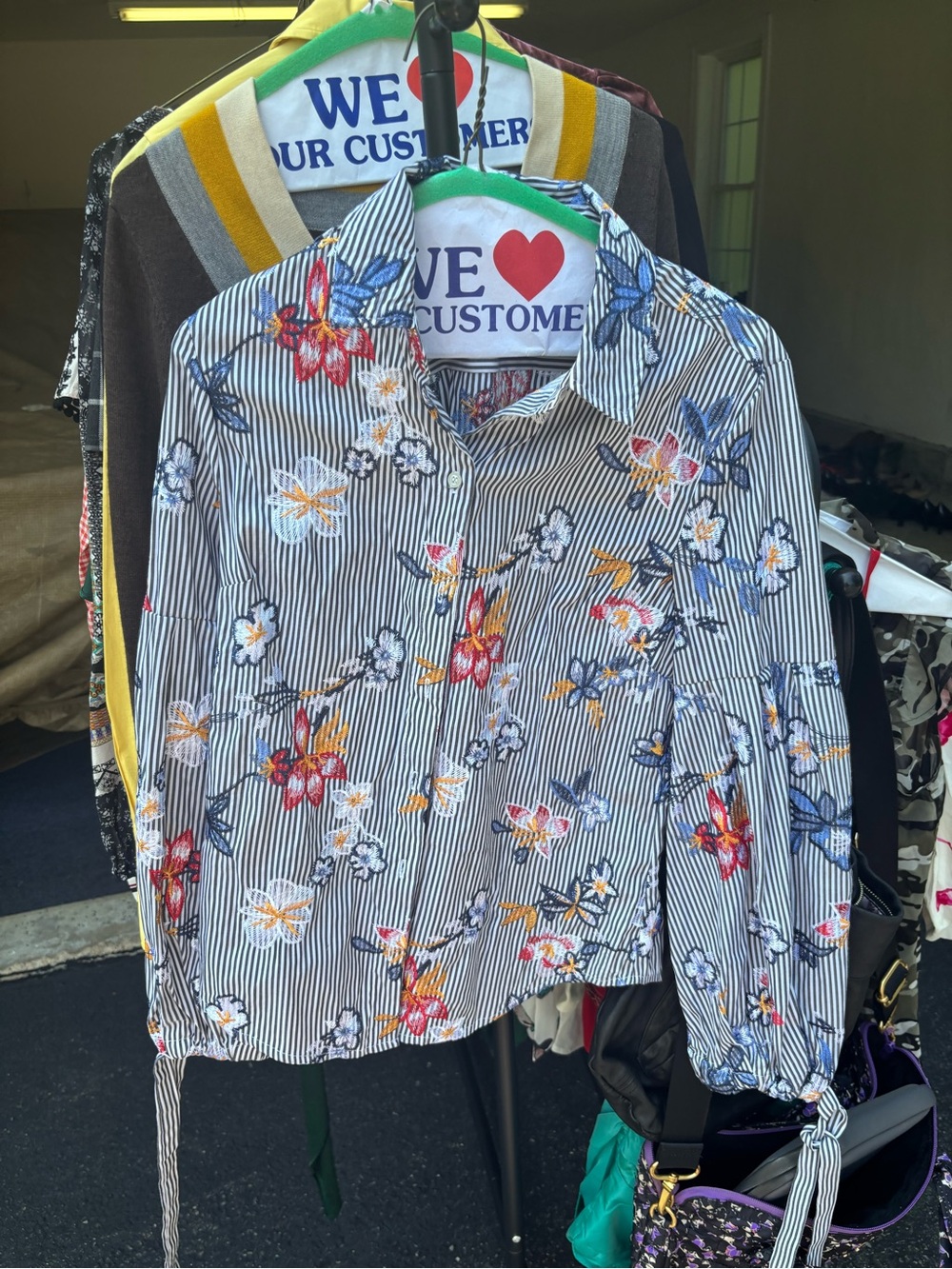 Nannette Striped Button-Down Shirt with Red, Yellow, Blue & white Floral Print